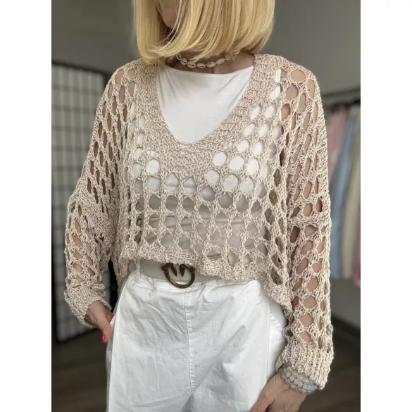 Anda V nyakú crop,lurex szálas kötött felső 73017-bézs