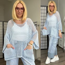   Tia denevér ujjú, zsebes horgolt női felső 26392 világoskék