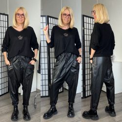 Sunflower műbőr gumisderekú nadrág - fekete