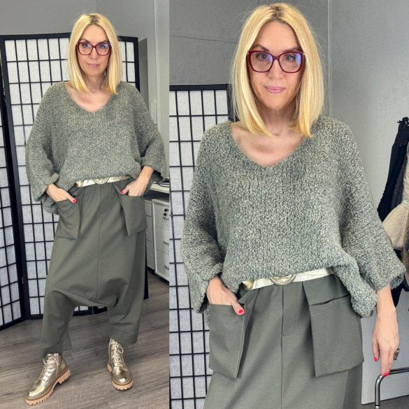 One V kivágású buklé pulver21673-khaki