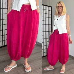   Lux Luna deréknál és alul is gumis, buggyos len nadrág 52510 - pink