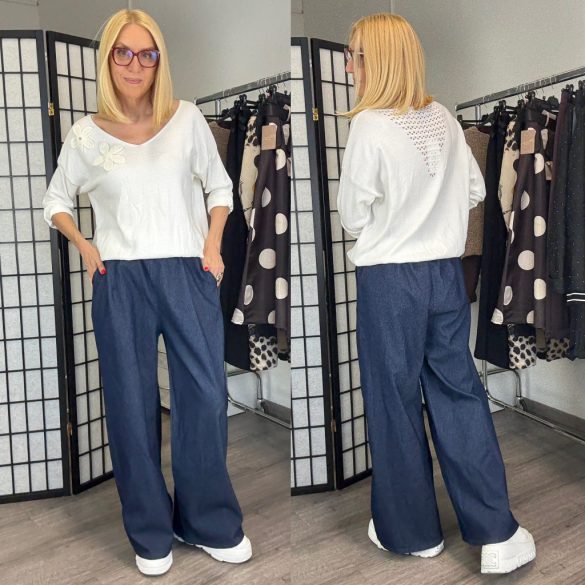 Livans V kivágású vékonykötött virágos felső 8552 - fehér