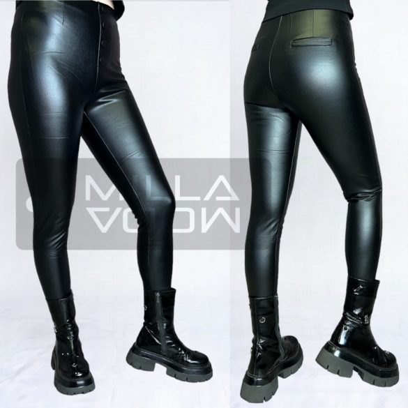 Luna Miele dísz gombos bélelt műbőr hatású magas derekú leggings 99223 - fekete
