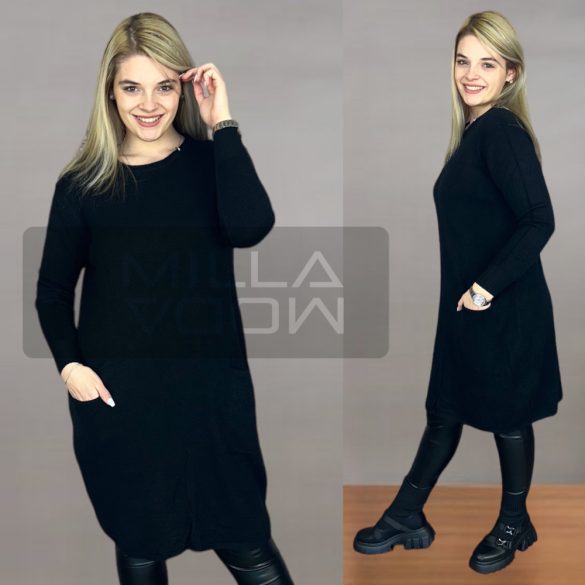 Sziéna környakú zsebes kötött ruha 7866 - fekete