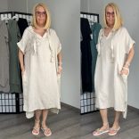 Flowers lenvászon kapucnis ruha - bézs