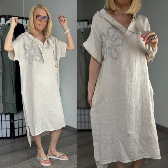 Flowers lenvászon kapucnis ruha - bézs