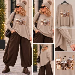 Coffee strasszos oversize felső -taupe