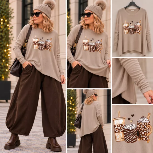 Coffee strasszos oversize felső -taupe