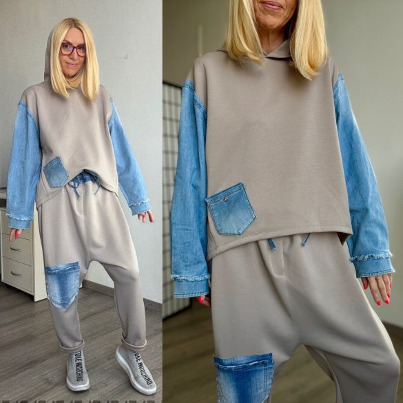 S-Woman hosszú ujjú farmer betétes kapucnis felső 7006 - taupe