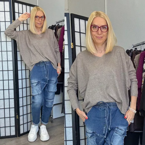 Honey winter oversize basic vékonykötött V-kivágású felső 8015- 5-taupe