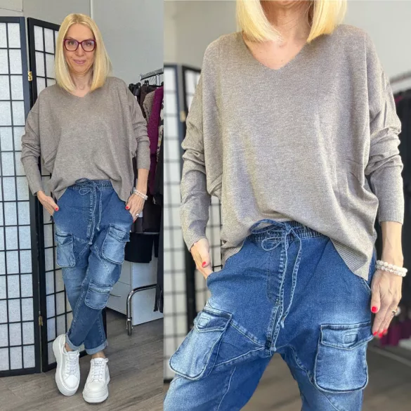 Honey winter oversize basic vékonykötött V-kivágású felső 8015- 5-taupe