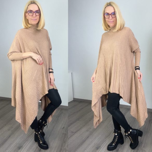 Assen álló nyakú oversize bordáskötött tunika H8563 - bézs