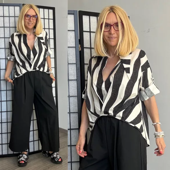 Wendy Trendy elől húzott, aszimmetrikus vászon ing 226056 - bézs/fekete
