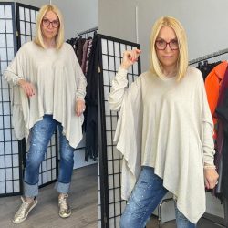   Limone hosszú ujjú asszimetrikus vékonykötött tunika 8012 - bézs