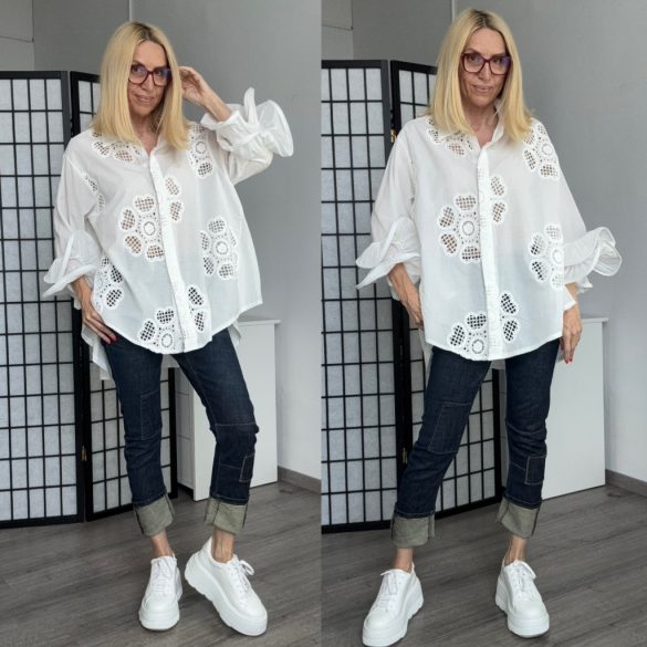 Zeta Otto Madeira csipkés fodros ujjú pamut ing 961/18 - fehér