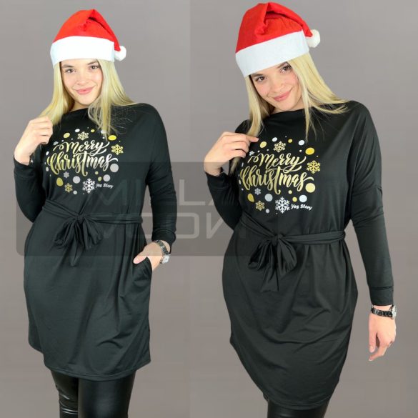 Yess Story Merry Christmas viszkóz denevér ujjú zsebes karácsonyi tunika - fekete