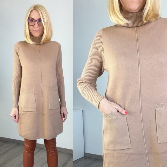 Poppy garbónyakú zsebes kötött tunika M1810 - barna