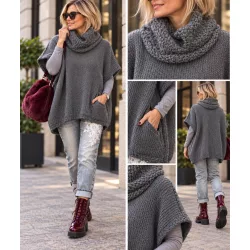   Victoria garbós oversize kötött tunika N6295-sötétszürke