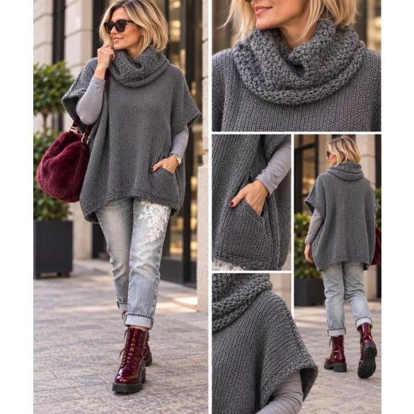 Victoria garbós oversize kötött tunika N6295-sötétszürke