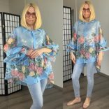 Blu Royal fodros ujjú virágos ing 3819 - kék