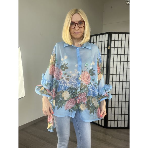 Blu Royal fodros ujjú virágos ing 3819 - kék