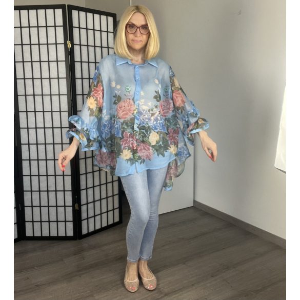 Blu Royal fodros ujjú virágos ing 3819 - kék