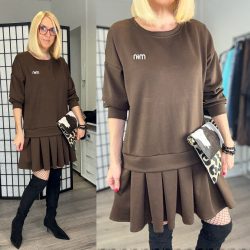 Mia fodros hosszú ujjú ruha A6669- csokibarna