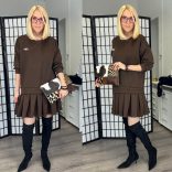 Mia fodros hosszú ujjú ruha A6669- csokibarna