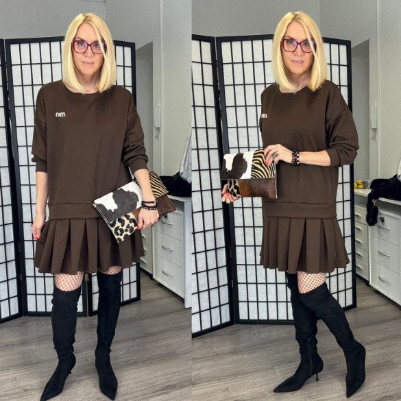 Mia fodros hosszú ujjú ruha A6669- csokibarna