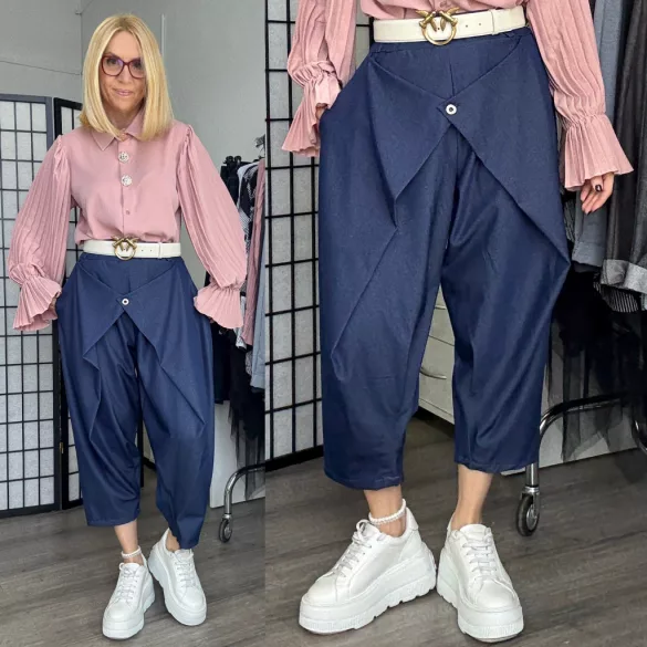 Lux Luna elől átlapolt gombos farmerhatású nadrág övvel 5181-sötétkék