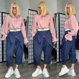 Lux Luna elől átlapolt gombos farmerhatású nadrág övvel 5181-sötétkék