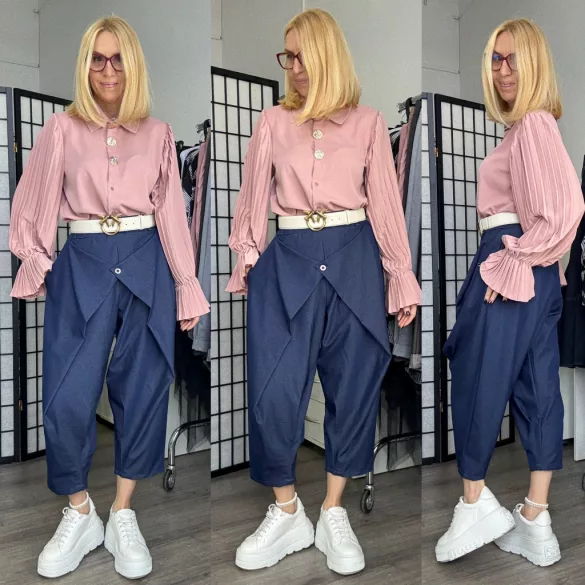 Lux Luna elől átlapolt gombos farmerhatású nadrág övvel 5181-sötétkék