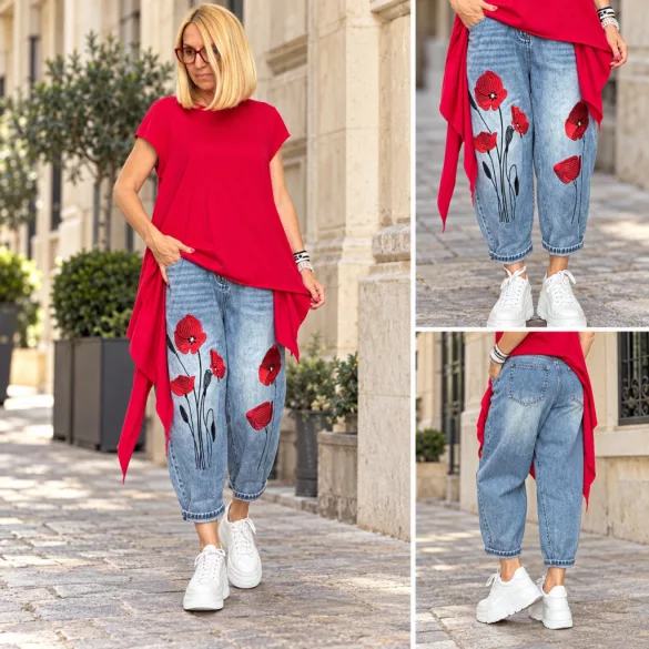 Wendy Trendy hímzett pipacsos farmer 926036- világoskék