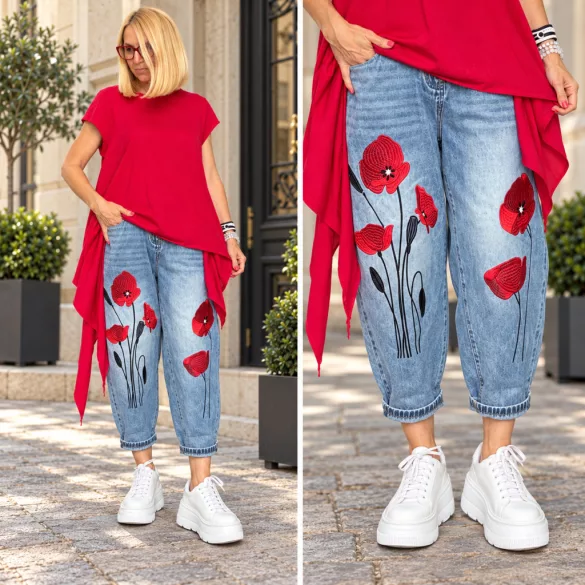 Wendy Trendy hímzett pipacsos farmer 926036- világoskék