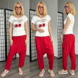 Lady ülepes gumis derekú len nadrág 4038-3 -piros