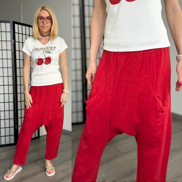 Lady ülepes gumis derekú len nadrág 4038-3 -piros