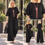 Beauty Woman bőszárú plüss nadrág kötött felsővel BWC96631AB-fekete