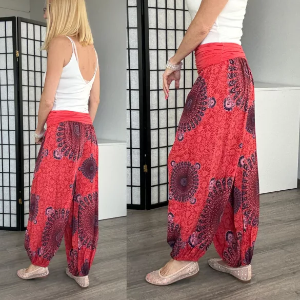Mandala Ankara gumis derekú vékony viszkóz laza nadrág- korall