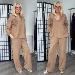 Rózsás pamut szett bőszárú nadrággal 7089-camel