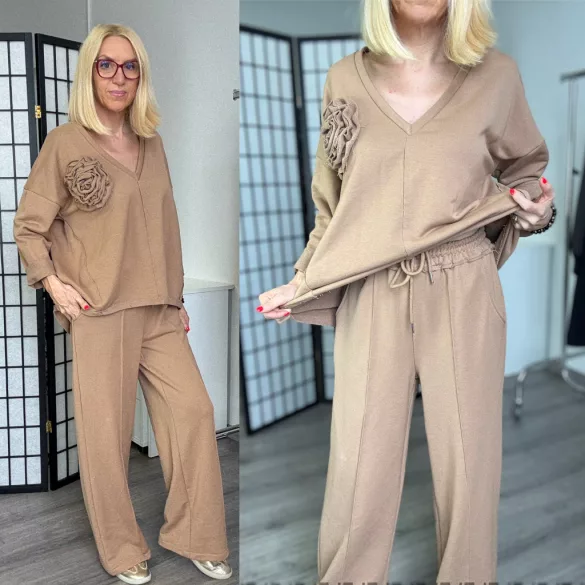 Rózsás pamut szett bőszárú nadrággal 7089-camel