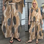 Lux Luna mintás, gumis derekú len nadrág övvel 52056 - cappuccino