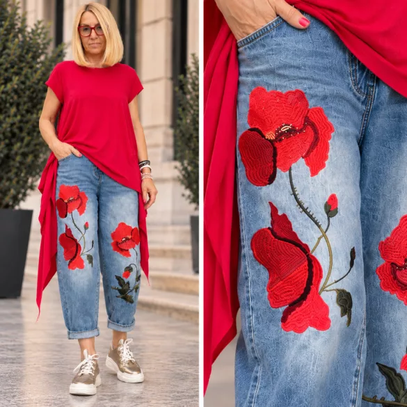 Wendy Trendy hímzett pipacsos farmer 925065- világoskék