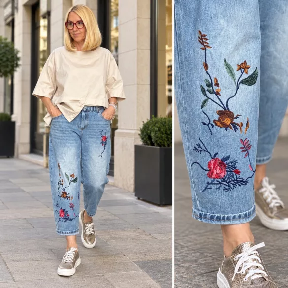 Wendy Trendy rózsás hímzett farmer 926034- világoskék