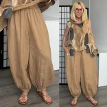 Lux Luna deréknál és alul is gumis, buggyos len nadrág 52510 - cappuccino