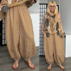   Lux Luna deréknál és alul is gumis, buggyos len nadrág 52510 - cappuccino