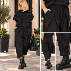 WENDY TRENDY  ülepes elegáns nadrág923093-fekete