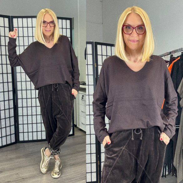 Honey winter oversize basic vékonykötött V-kivágású felső 8015- 103 - csokibarna