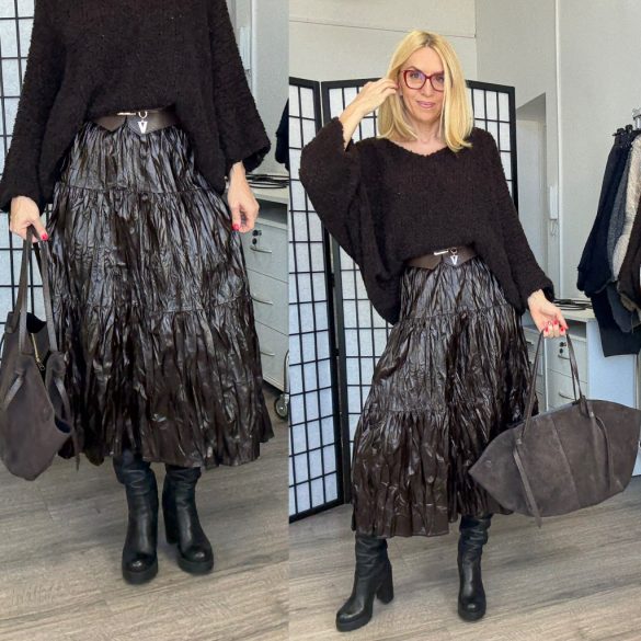 Remix gyűrt vegánbőr szoknya5027-kávébarna