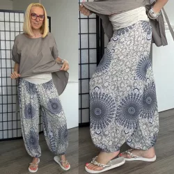   Mandala Ankara gumis derekú vékony viszkóz laza nadrág- bézs