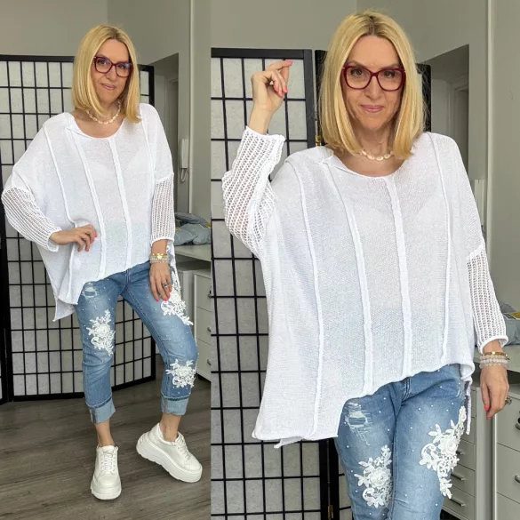 Abril kötött, horgolt aszimmetrikus laza női felső 24106 fehér